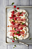 Tray pavlova with rhubarb and raspberries