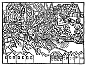 Medieval street fighting, Cologne, 15th century illustration