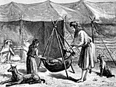 Persian nomadic tribe preparing of cheese, illustration