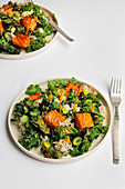 Spicy salmon bowl with crispy rice and kale