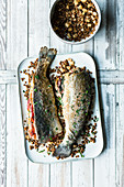 Stuffed trout with an apple and lentil medley
