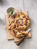 Focaccia with mini goat's cheeses and rhubarb