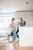 Zwei Freundinnen stehen an Küchentheke in offenem Wohnraum
