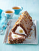 Cocoa cake (roof) with banana and caramel