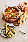 Sweet potato and lentil stew with marinated cucumber
