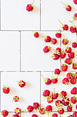 Fresh Raspberries Scattered over Tile Background