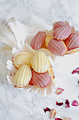Madeleines, white and pink