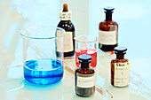 Flasks with dyes in a laboratory