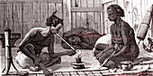 Opium smokers, Malaysia, 16th century illustration