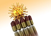 Coronavirus particle and capsules, illustration