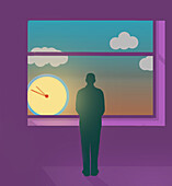 Man looking at clock outside his window, illustration
