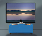 Man watching a lake view from his sofa, illustration