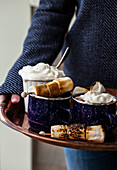 Hot chocolate, skewers of roasted marshmallows and a container of whipped cream