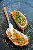 Duck liver crostini with shallot-and-passionfruit jam
