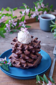 Chocolate waffles served with vanilla ice cream