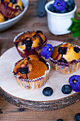 Blueberry muffins decorated with purple flowers