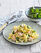 Pasta with creamy sauce and salmon