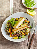 Beluga lentils with smoked tofu