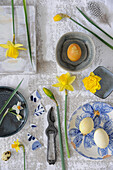 Decoration of daffodils, eggs, plates and bowls from above