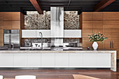 Lange Kücheninsel mit Betonplatte und Einbauten aus Holz in offener Küche