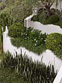 Lushly planted balconies of a house