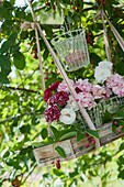 Small bouquet of carnations on wooden coaster and lantern hung on a shadbush tree