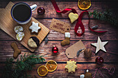 Christmas arrangement of biscuits, coffee and decorations