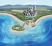 City that has relocated due to climate change, illustration