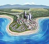 City at risk of flooding, conceptual illustration