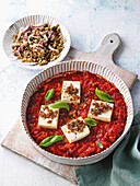 Oven cheese on a fruity tomato sauce served with lentil salad