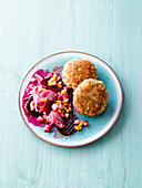Veggie cheese patties with a sweetcorn and beetroot salad