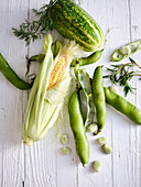 Broad beans, corn on the cob and cucumber