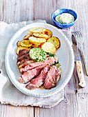 Beefsteak with herb butter and potato chips