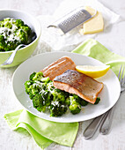 Salmon with broccoli in garlic butter