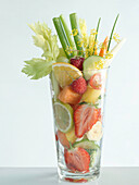 Glass with various fruits and vegetables