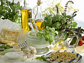 An arrangement of ingredients for basil pesto