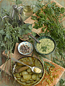Ravigote sauce surrounded by its ingredients