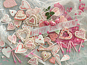 Heart-shaped shortcrust pastry with royal icing and sprinkles for a birthday