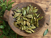 Fresh and dried bay leaves in a wooden bowl