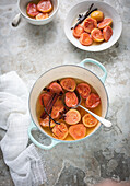 Poached guavas in syrup with cinnamon, vanilla and star anise