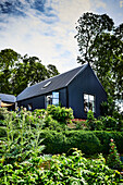 House clad in black corrugated iron in summer garden