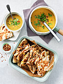 Cornsoup with coriander and quesadillas with minced meat