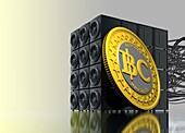 Bitcoin and mining machine, conceptual illustration