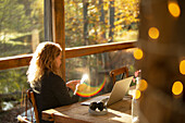 Businesswoman with smart phone working in sunny cafe