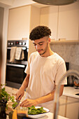 Young man cutting vegetables on kitchen counter