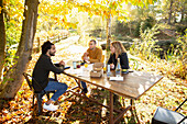 Business people meeting at table in sunny autumn park