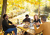 Happy business people meeting at table in sunny autumn park