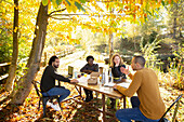 Business people eating and meeting at table in autumn park