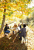 Business people meeting at table in autumn park