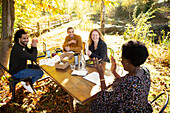 Happy business people eating and working at table in park